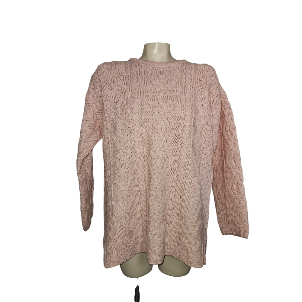 Aran Crafts Ireland Pink Cable Knit Sweater 100% Merino Wool Crewneck S oversize